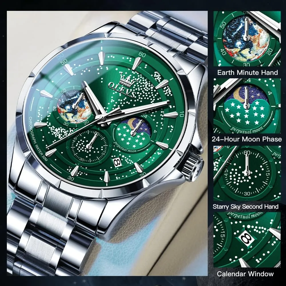 Classic craftspeople pave automobile qualification straight Casual Date Wrist Watches Waterproof Luminous OLEVS Mens Watches Starry Sky Moon Phase Dial Luxury Business Dress Analog Quartz 