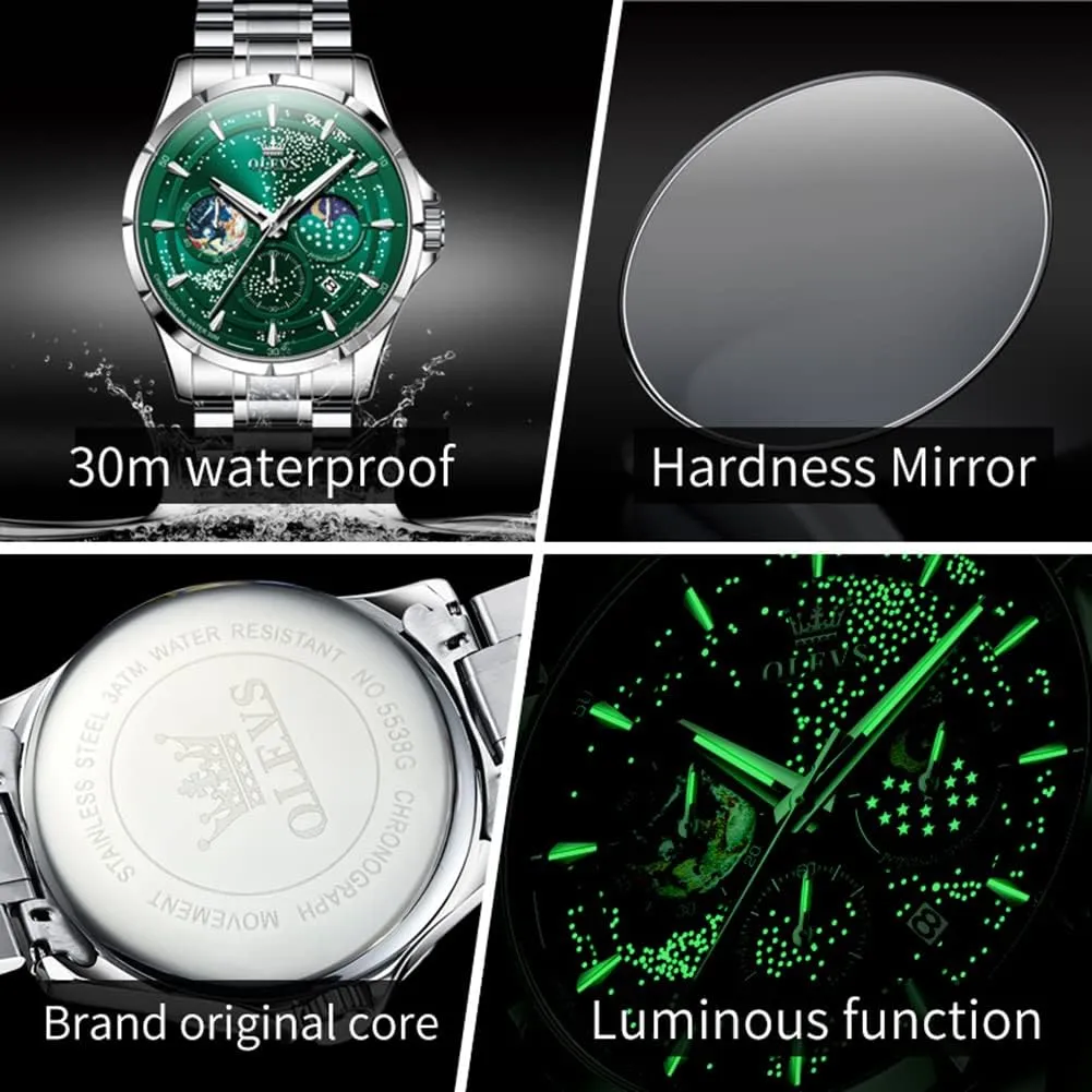 Classic craftspeople pave automobile qualification straight Casual Date Wrist Watches Waterproof Luminous OLEVS Mens Watches Starry Sky Moon Phase Dial Luxury Business Dress Analog Quartz 