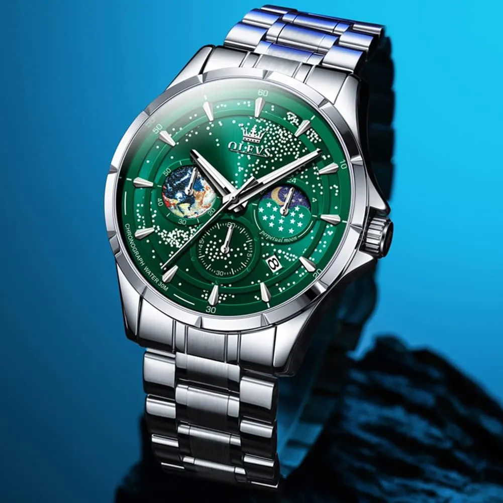 Classic craftspeople pave automobile qualification straight Casual Date Wrist Watches Waterproof Luminous OLEVS Mens Watches Starry Sky Moon Phase Dial Luxury Business Dress Analog Quartz 