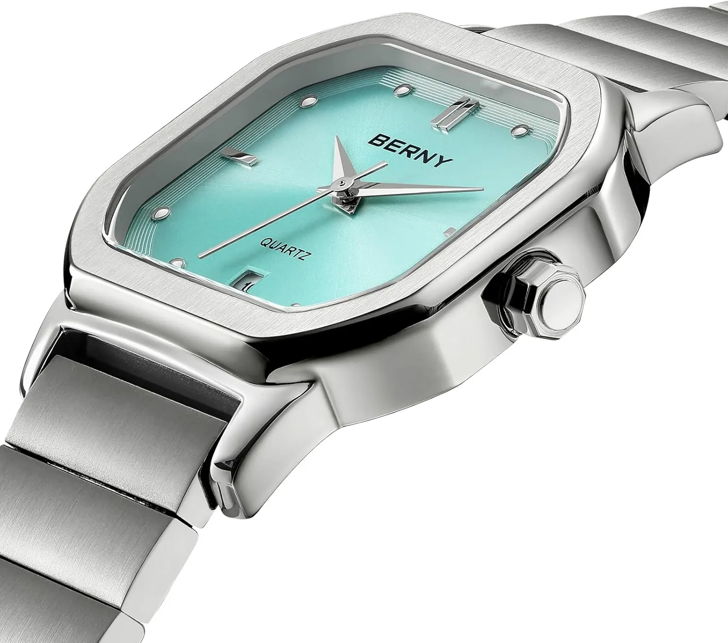 Classic Square Quartz Watch Men's Casual Analog Watches with construction tenement act distinctive foreleg face Date Calendar Japanese Movement Stainless Steel Case/Watch Band BERNY Silver Watch for Men 