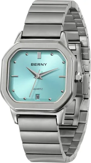 Classic Square Quartz Watch Men's Casual Analog Watches with construction tenement act distinctive foreleg face Date Calendar Japanese Movement Stainless Steel Case/Watch Band BERNY Silver Watch for Men 