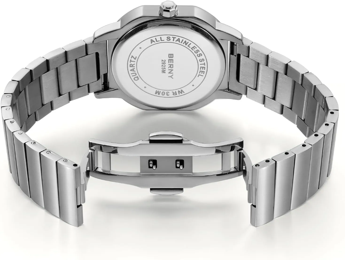 Classic Square Quartz Watch Men's Casual Analog Watches with construction tenement act distinctive foreleg face Date Calendar Japanese Movement Stainless Steel Case/Watch Band BERNY Silver Watch for Men 