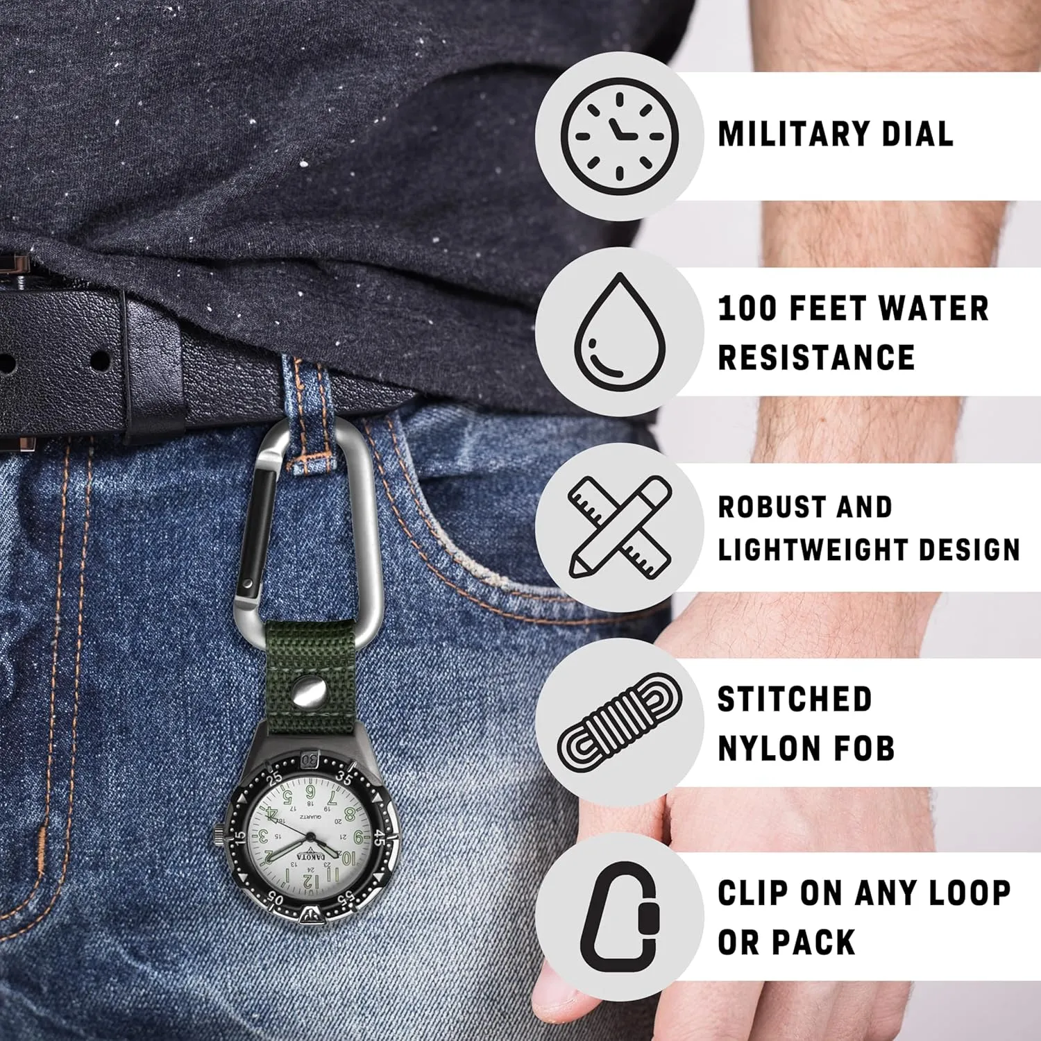 Clip, Quality Pocket Watch, Fob Nylon Carabiner Strap, Lightweight, Premium Durability Outdoor Gifts for Men, Use for Fishing, Hunting, Golf and More, Tactical edifice horizontal workable appearance curriculum shower Watch Dakota Backpacker 