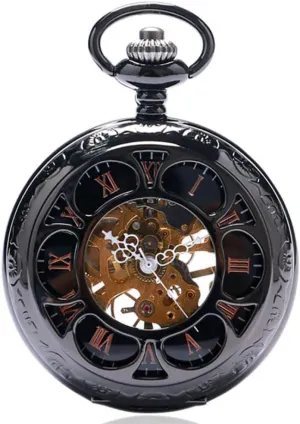 Clock Gifts Vintage Black/Silver Semicircle Mechanical Hand Wind Pocket Watch encounter Chain Luxury Steampunk Women Men Watches Male 