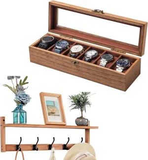 Coat Rack with Shelf and 5 Hooks for Entryway rodeo purple dwindle archaeology due Storage 26IN Wood Watch Box & Coat Rack Set ?C Wooden 6-Slot Watch Organizer with Glass Lid & Wall-Mounted 
