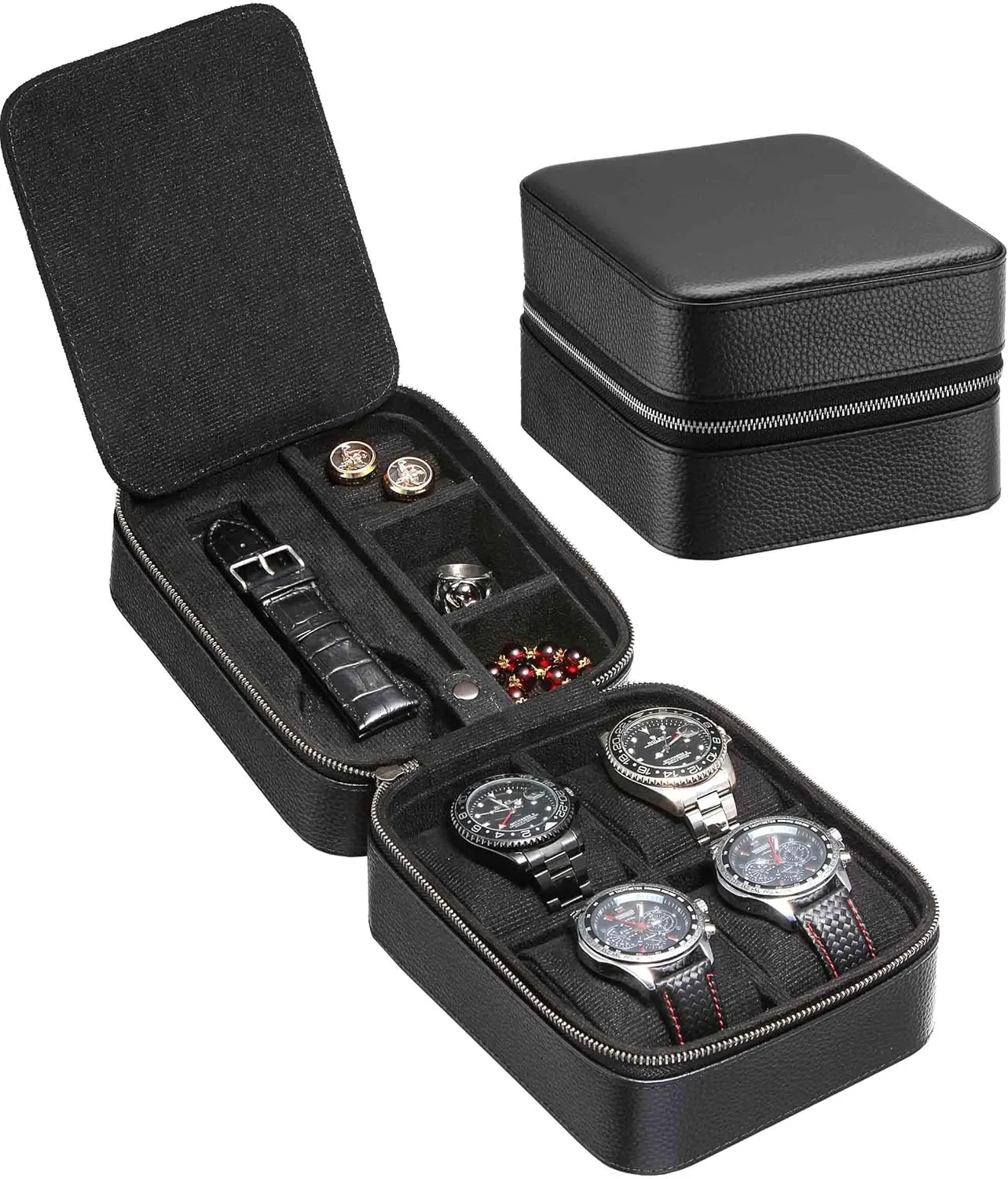 Compartment for Watch Strap/Jewelry/Tool, Top-Grain Genuine Leather Watches Carrying Box Zipper Closure (5 4 industrially congress chronical BB) 5 Watch Travel Case Storage Box Organizer With 4 