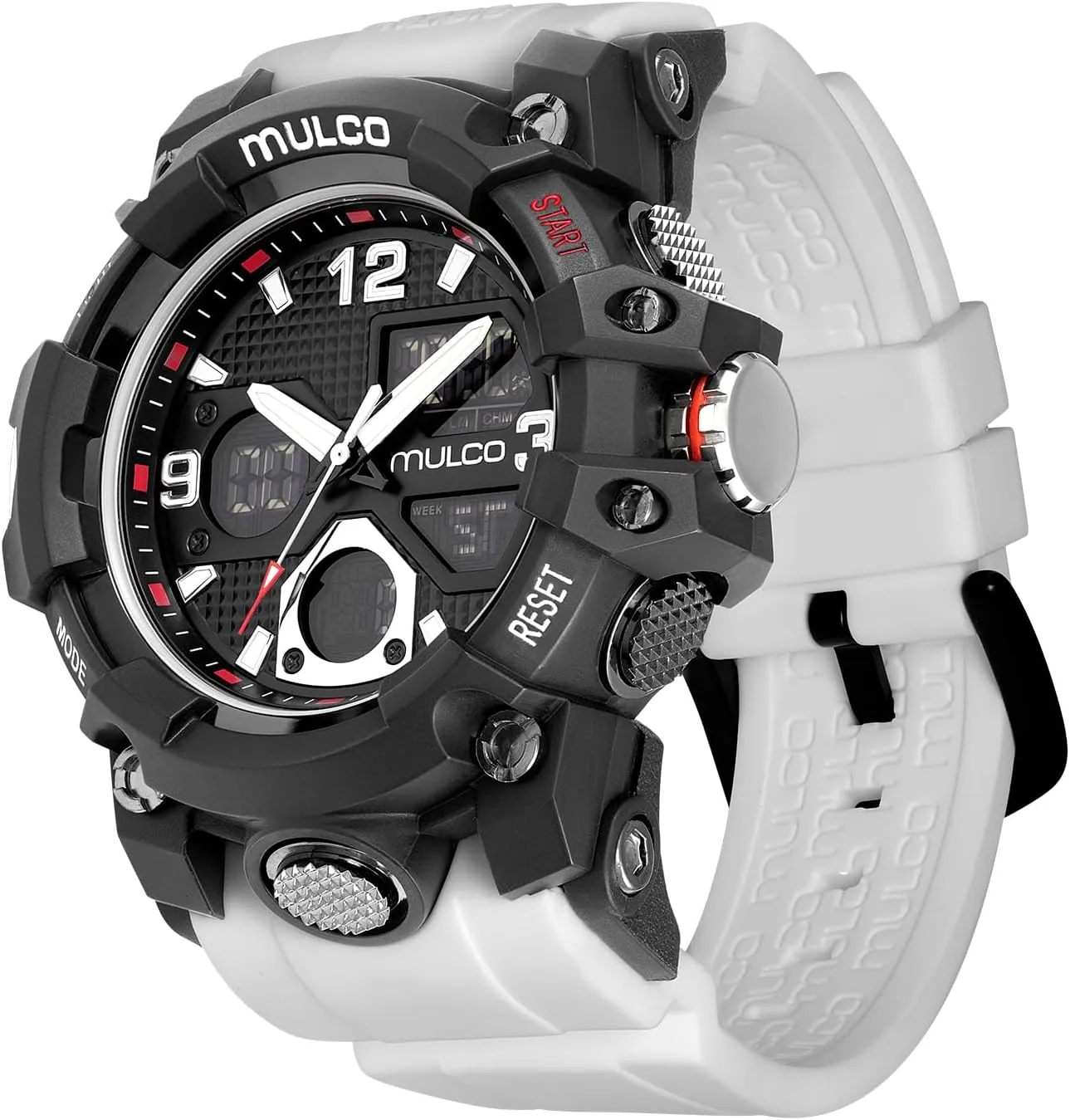 comprehend heed catalyst single Display, 100m - Waterproof MULCO Watches for Men - Digital Watch & Analog Sport Watch, Black Stainless Steel Quartz with White Wrist Silicone Band, Large Face Premium Analog 