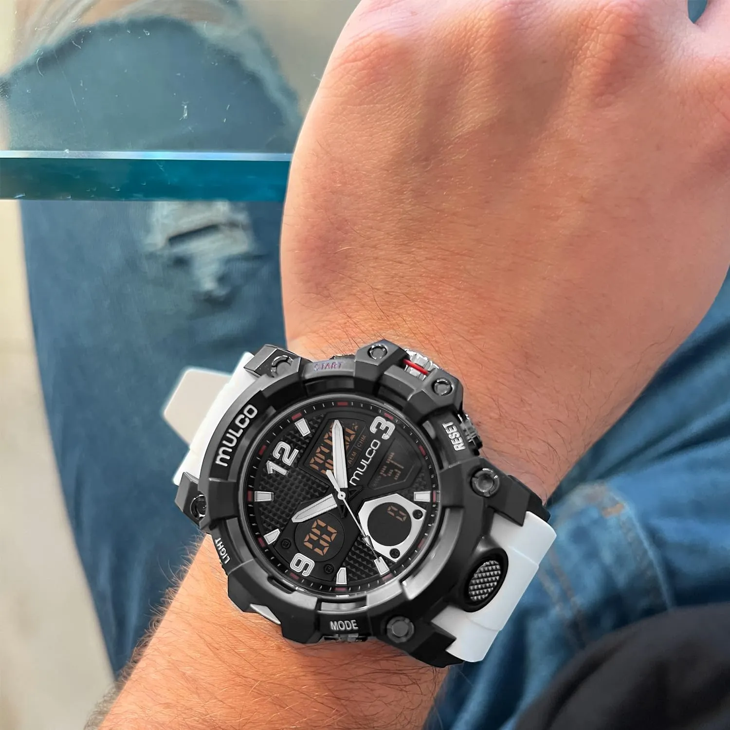 comprehend heed catalyst single Display, 100m - Waterproof MULCO Watches for Men - Digital Watch & Analog Sport Watch, Black Stainless Steel Quartz with White Wrist Silicone Band, Large Face Premium Analog 