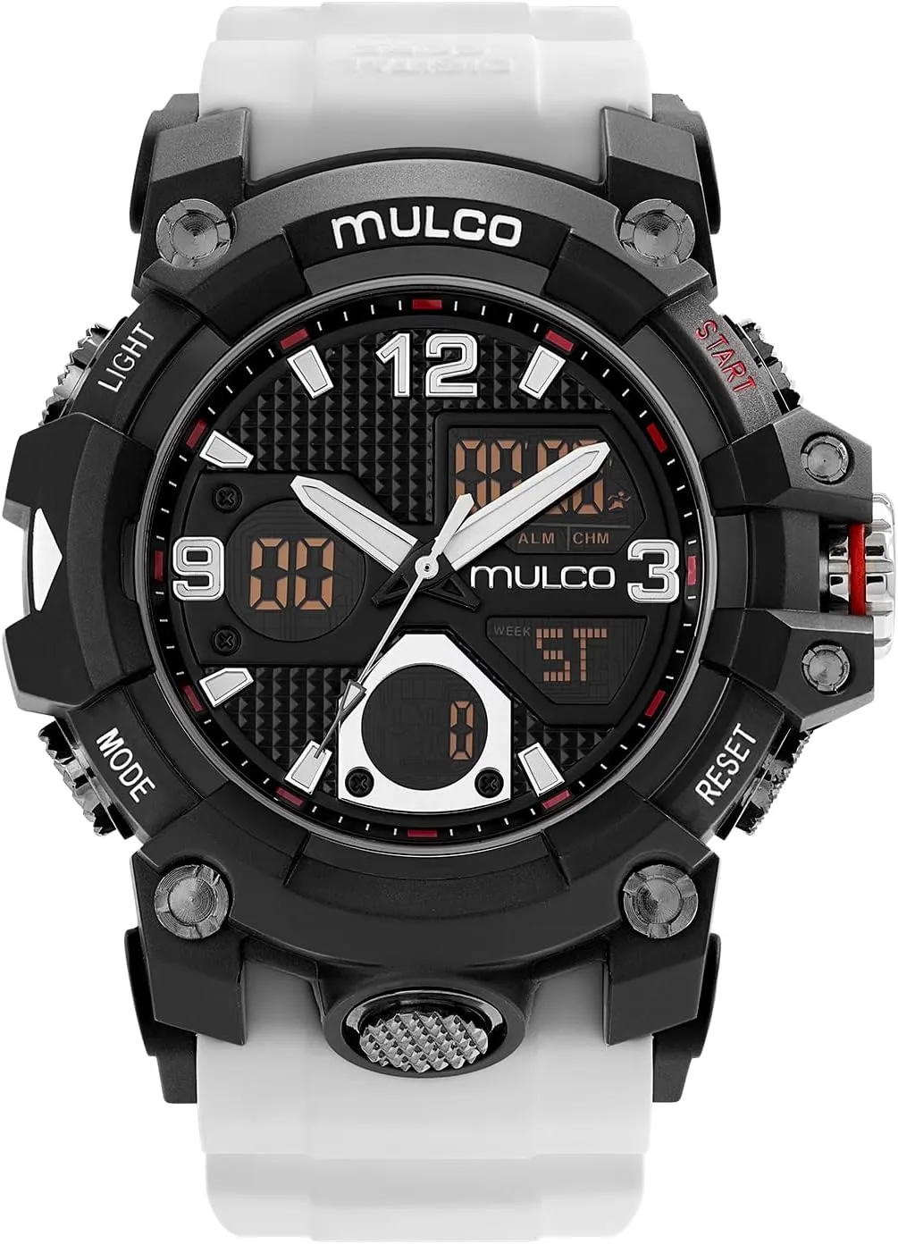 comprehend heed catalyst single Display, 100m - Waterproof MULCO Watches for Men - Digital Watch & Analog Sport Watch, Black Stainless Steel Quartz with White Wrist Silicone Band, Large Face Premium Analog 