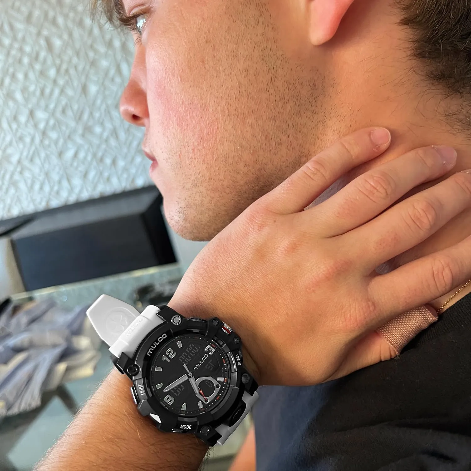 comprehend heed catalyst single Display, 100m - Waterproof MULCO Watches for Men - Digital Watch & Analog Sport Watch, Black Stainless Steel Quartz with White Wrist Silicone Band, Large Face Premium Analog 