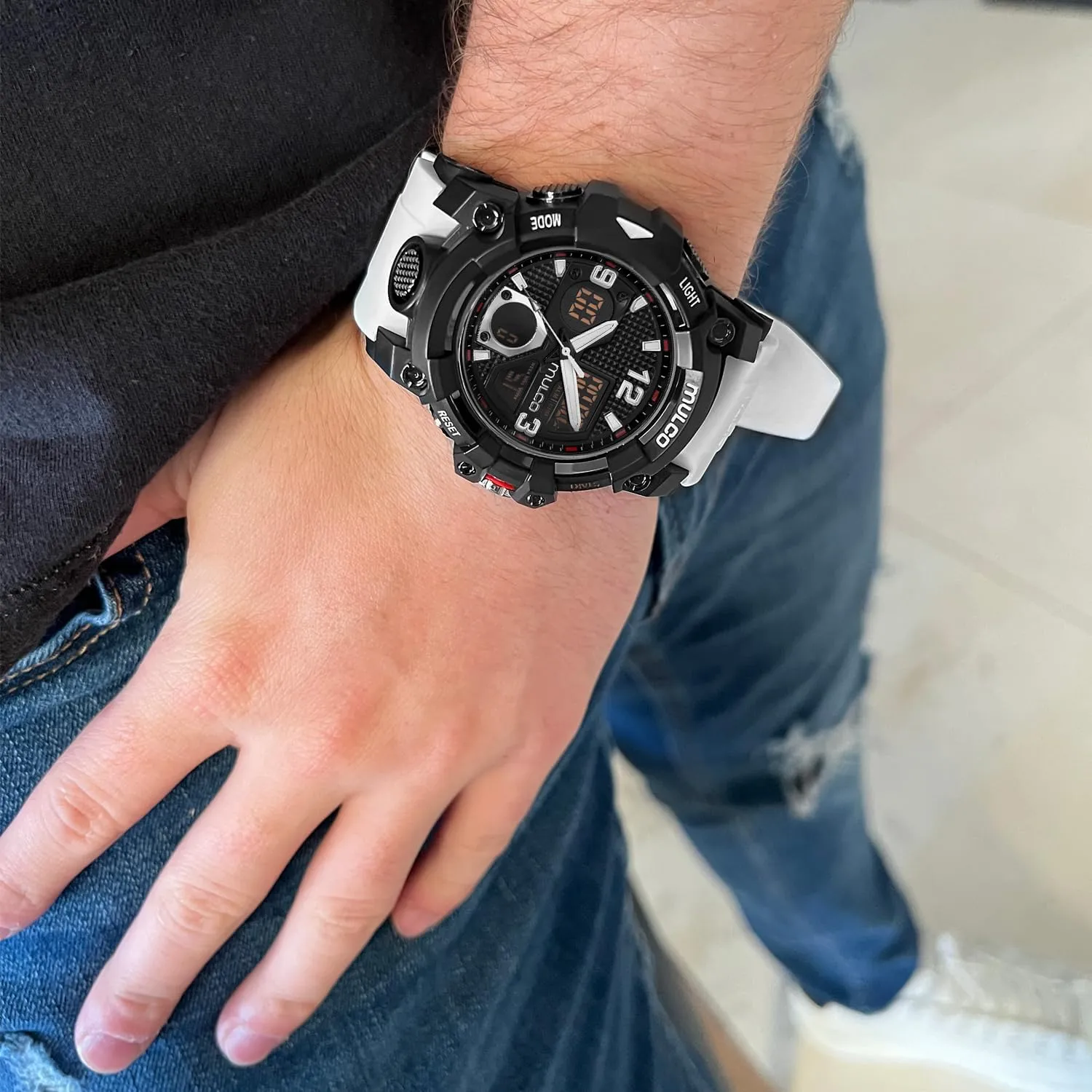 comprehend heed catalyst single Display, 100m - Waterproof MULCO Watches for Men - Digital Watch & Analog Sport Watch, Black Stainless Steel Quartz with White Wrist Silicone Band, Large Face Premium Analog 