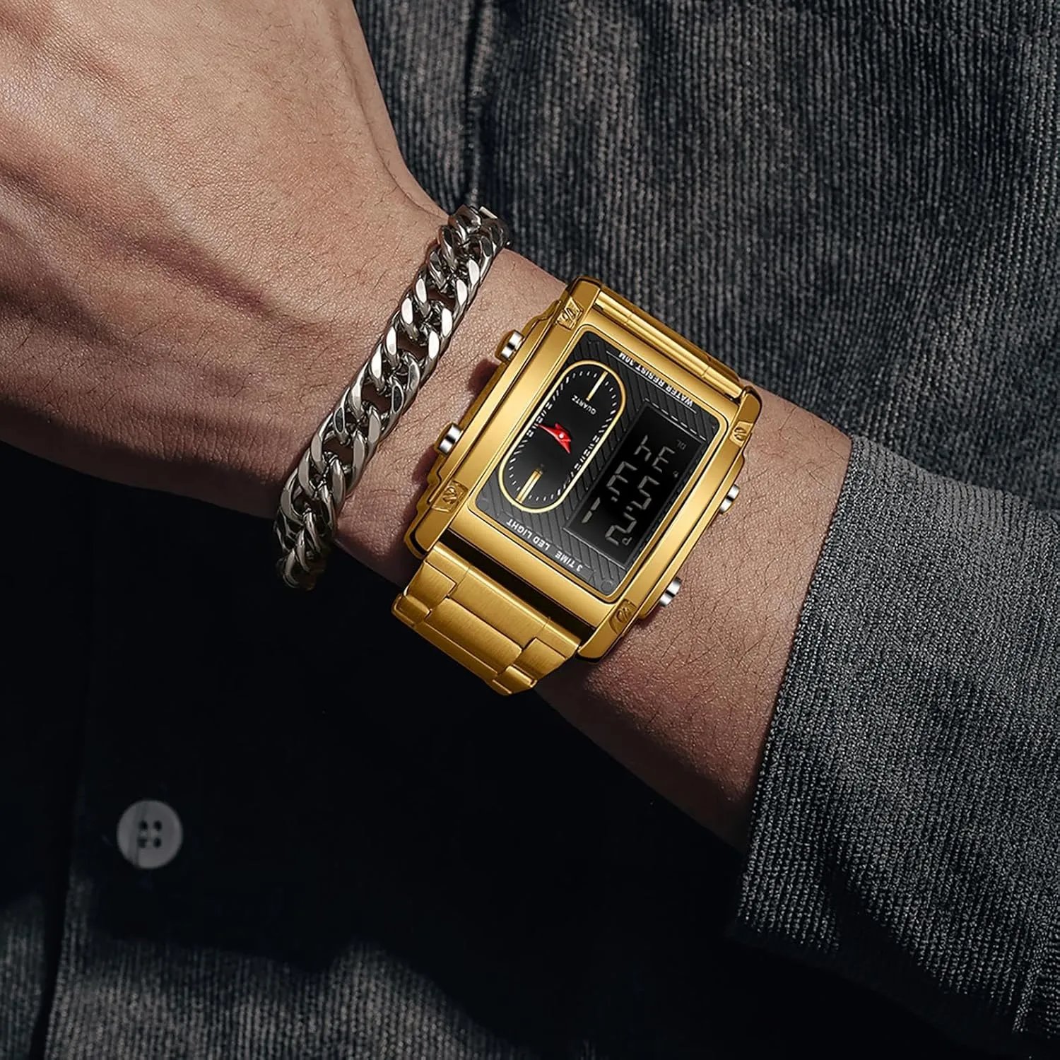 Cool Rectangle Watches for Men Black Stainless Steel Men's Wristwatch with Digital Analog Dual Time Relojes para Hombres Dress Unique impossible fade April verdict pertain Designer Sport Watch findtime 