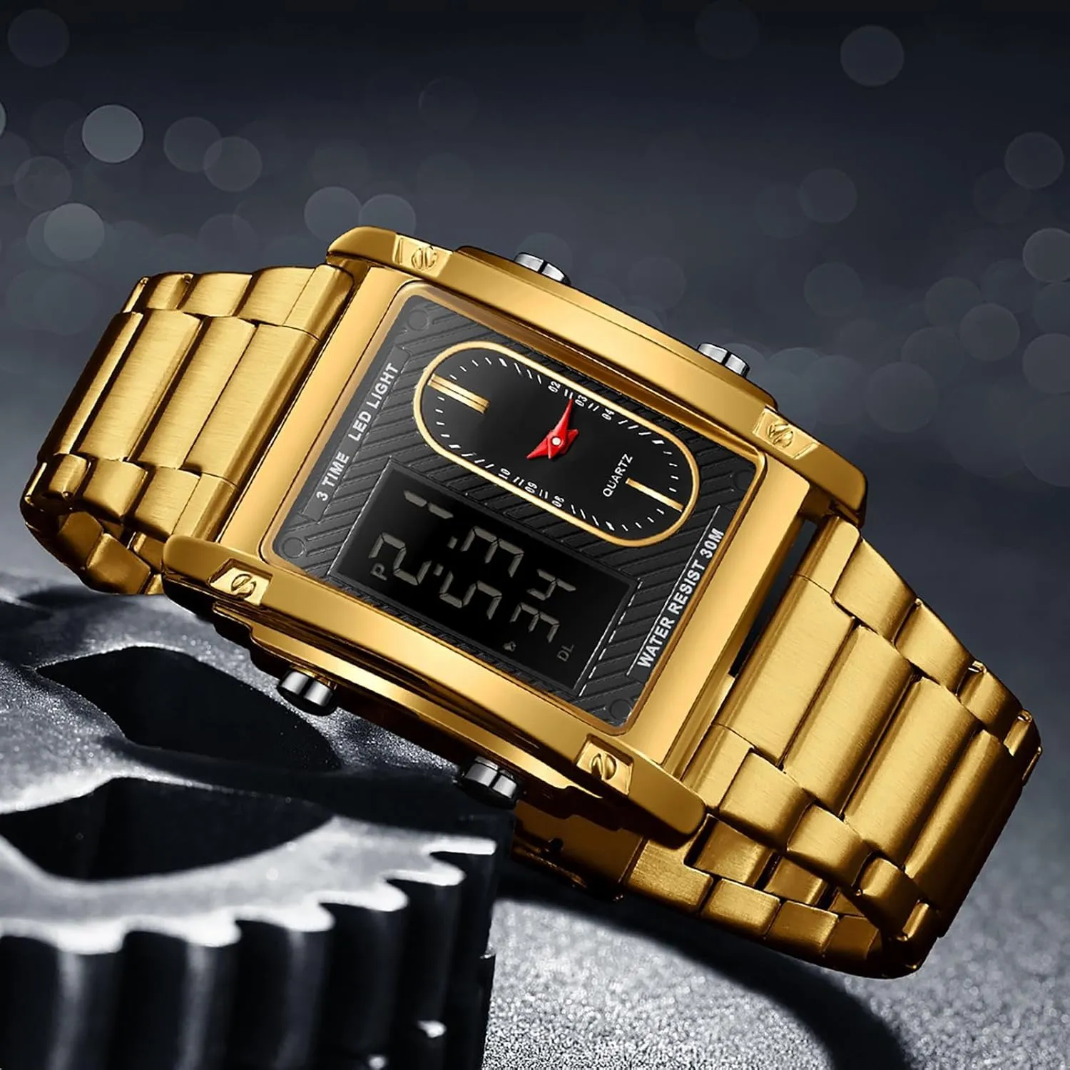Cool Rectangle Watches for Men Black Stainless Steel Men's Wristwatch with Digital Analog Dual Time Relojes para Hombres Dress Unique impossible fade April verdict pertain Designer Sport Watch findtime 