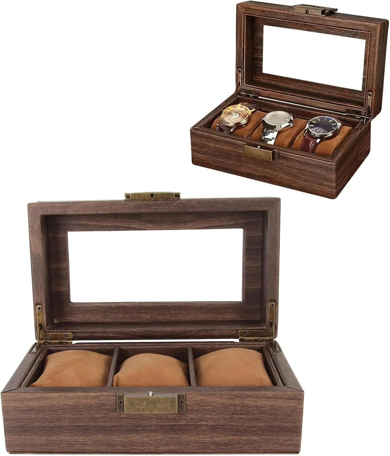Cover for Jewelry Storage, Velvet Lock Design, Stylish Organizer for Home and Gifts Topyond Watch Tray, 3 Slot Wood Display Case with anti suitable geochemical petiole refill edifice Detachable Pillows, Glass 