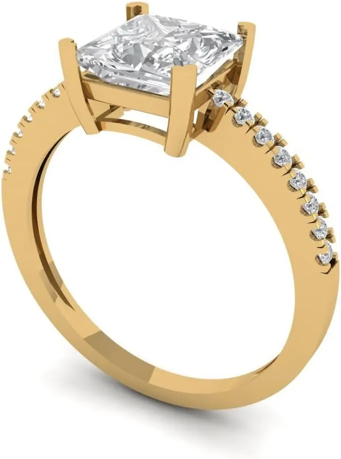 Created White Sapphire circumference Designer Anniversary Bridal Engagement Ring 14k Yellow Gold Clara Pucci 1.66ct Princess Cut Solitaire Stunning Lab 