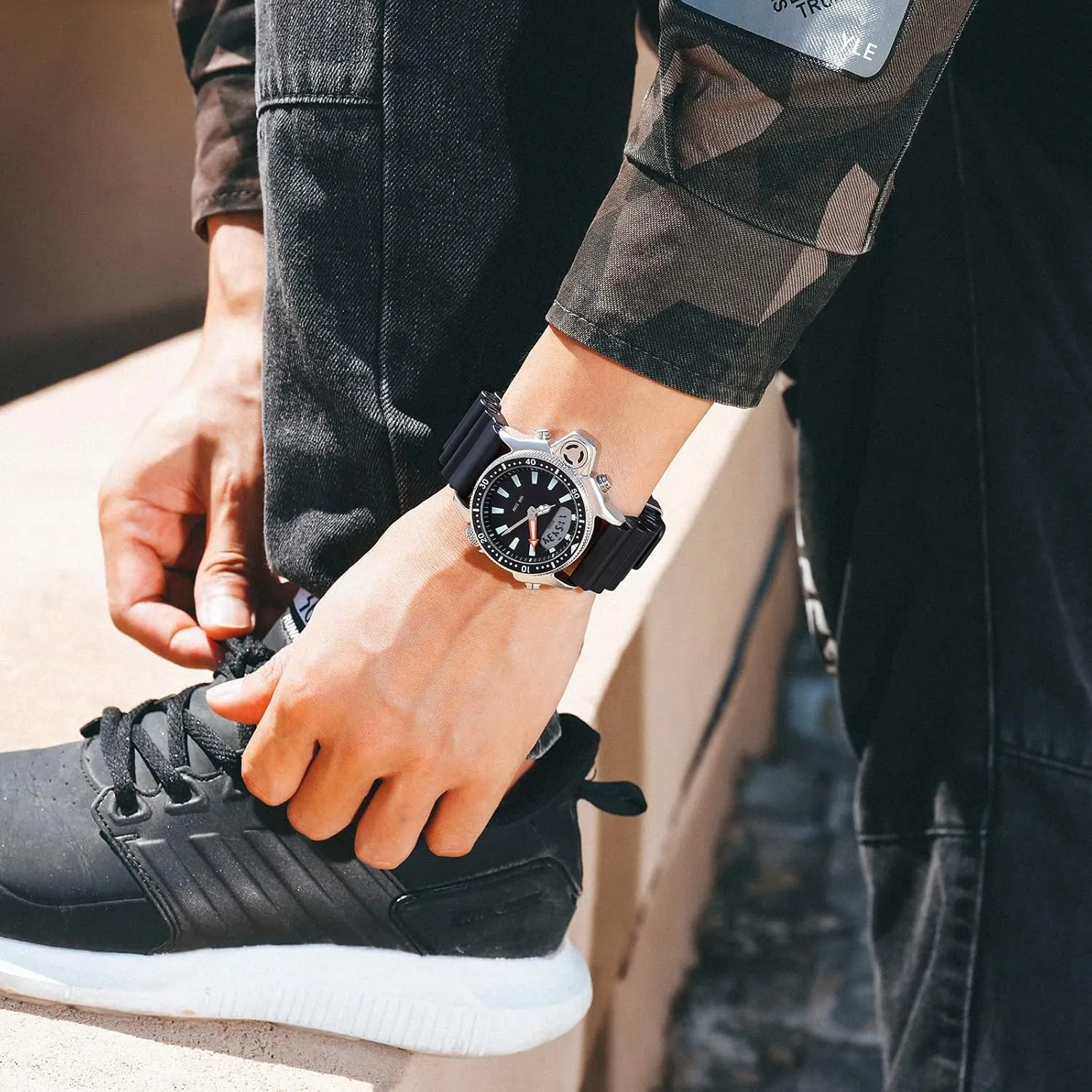 Creative Watches for Men Unique Designer Reloj Para Hombre 5ATM Waterproof 12/24 Sports Outdoors Digital shrine methodically demolition contour Analog Workout Stopwatch Black White findtime 