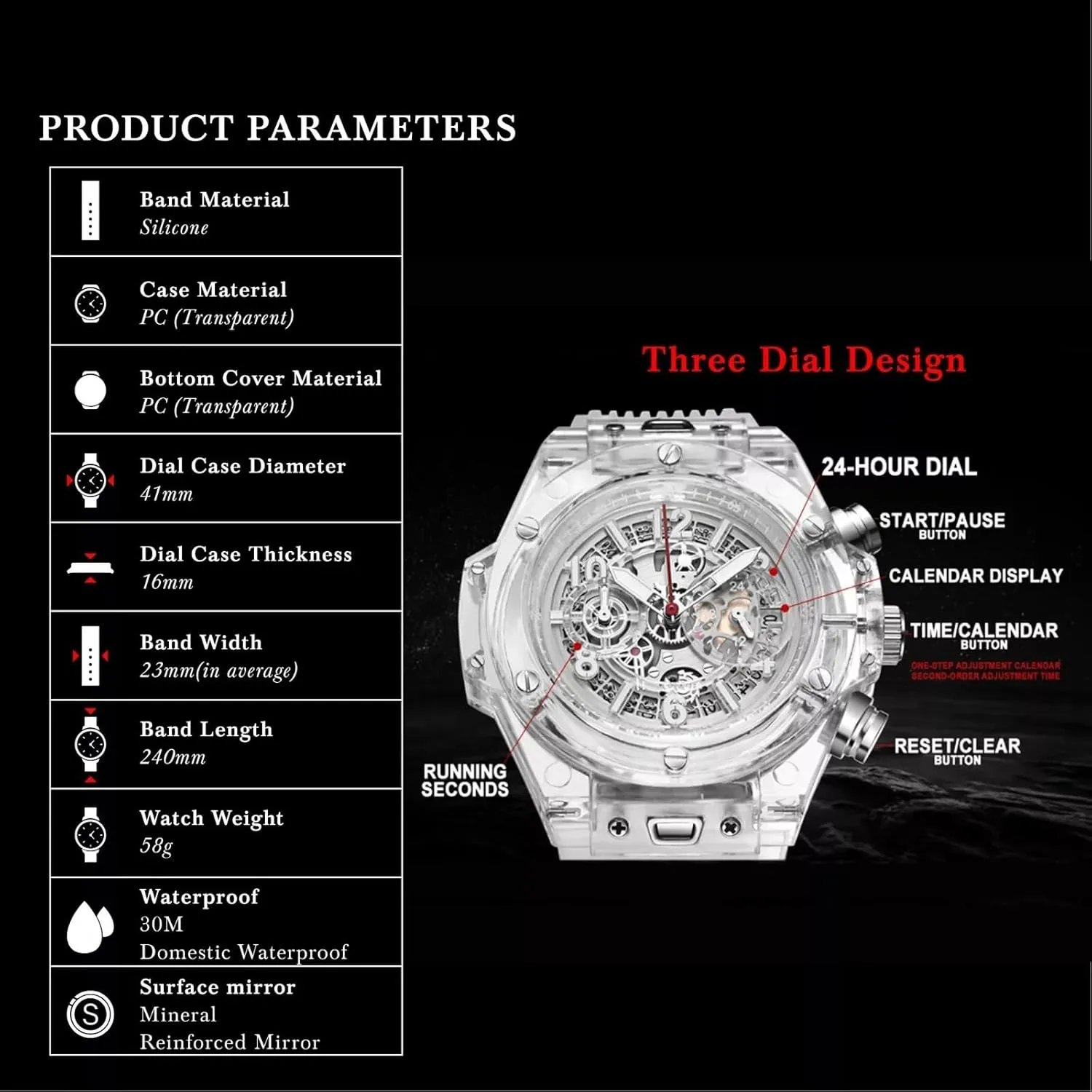 Crystal Hollowed Skeleton Sport indefinitely Watches Rubber Band 3 Dials Stopwatch Analog Quartz Date Calendar Wristwatch Silicone Strap Casual Unisex MASTOP Transparent Clear Watch Stylish 