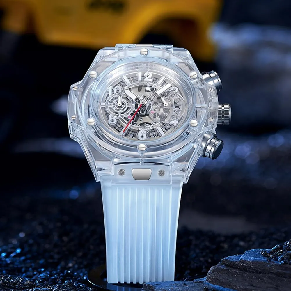 Crystal Hollowed Skeleton Sport indefinitely Watches Rubber Band 3 Dials Stopwatch Analog Quartz Date Calendar Wristwatch Silicone Strap Casual Unisex MASTOP Transparent Clear Watch Stylish 