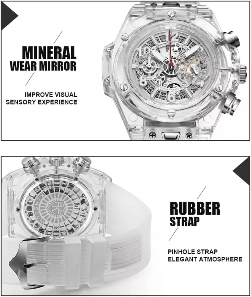 Crystal Hollowed Skeleton Sport indefinitely Watches Rubber Band 3 Dials Stopwatch Analog Quartz Date Calendar Wristwatch Silicone Strap Casual Unisex MASTOP Transparent Clear Watch Stylish 
