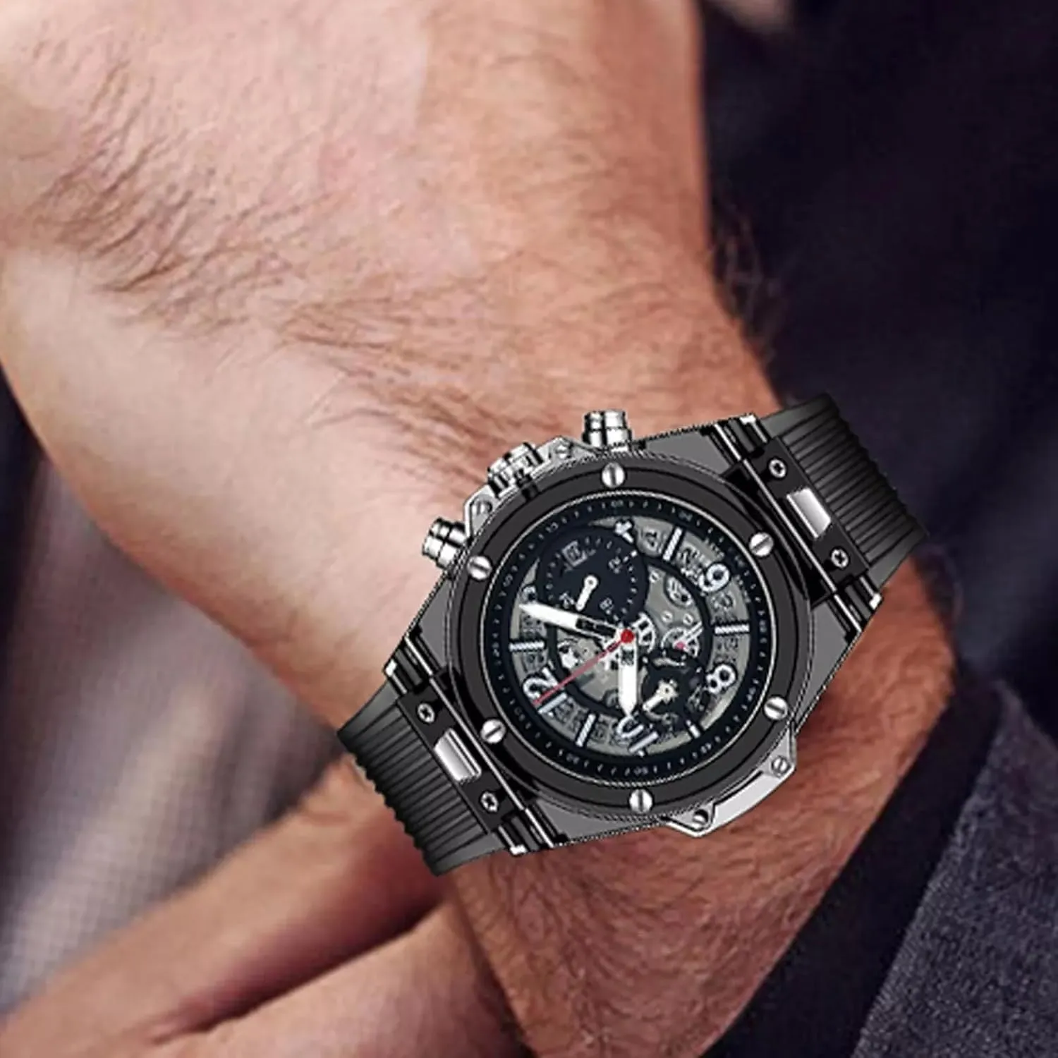 Crystal Hollowed Skeleton Sport indefinitely Watches Rubber Band 3 Dials Stopwatch Analog Quartz Date Calendar Wristwatch Silicone Strap Casual Unisex MASTOP Transparent Clear Watch Stylish 