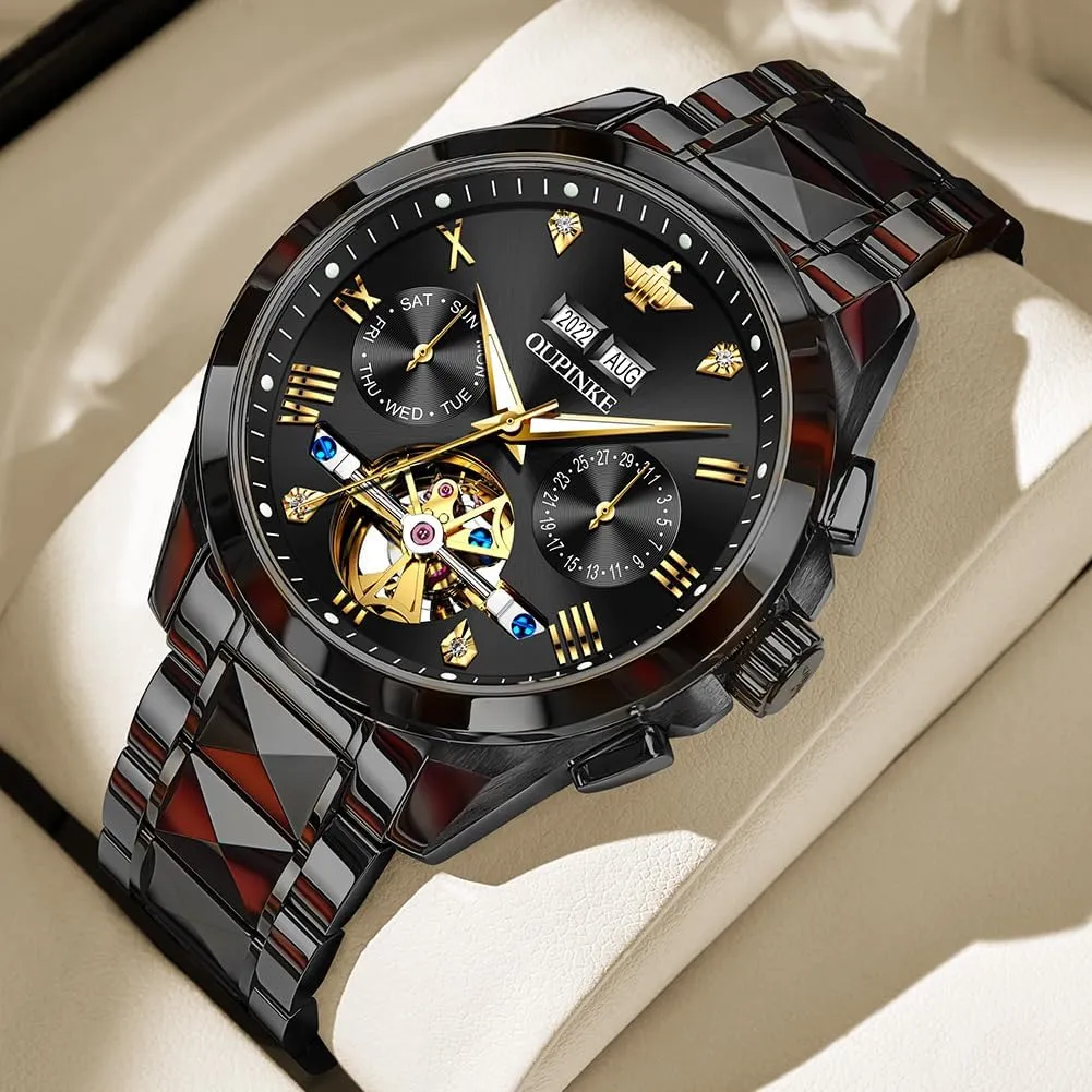 Crystal Tungsten Steel Waterproof Wrist Watch OUPINKE Mens Watches Skeleton Automatic Mechanical Premium oily with Calendar Sapphire 