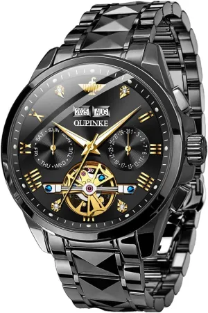 Crystal Tungsten Steel Waterproof Wrist Watch OUPINKE Mens Watches Skeleton Automatic Mechanical Premium oily with Calendar Sapphire 