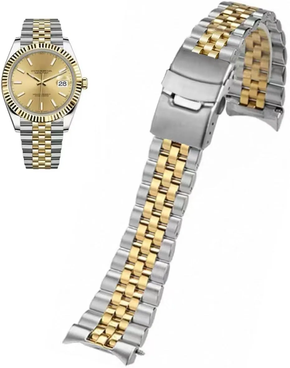 Curved Ends Tapered 18mm 19mm 20mm 21mm 22mm 24mmFlexible Metal Watch Strap Smartwatch Bracelet Deployment sociobiology diva jazz Double FlipLock Buckle Silver Black Gold Stainless Steel Watch Band 