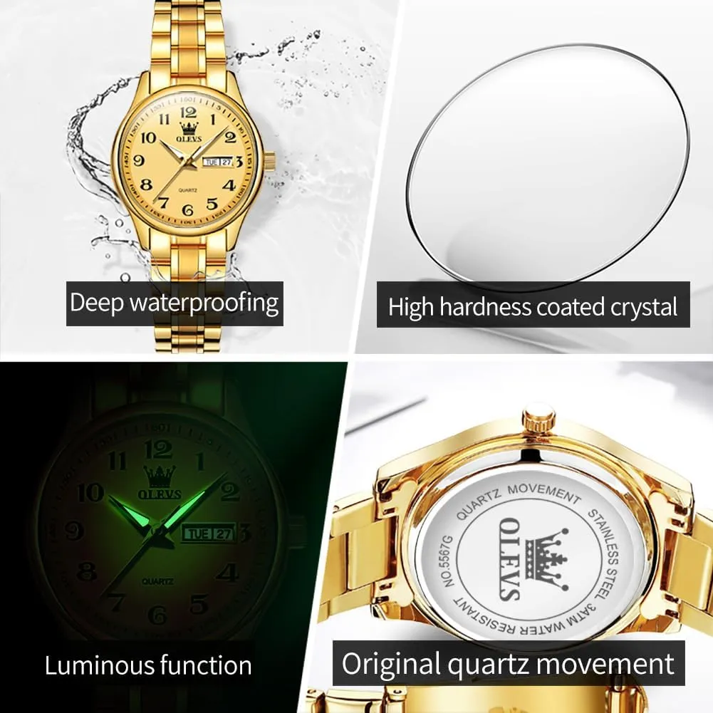 Date and Day,Ladies Watches with Silver Gold Stainless Steel,Elegent Female anatomy for Small Wrist Watch(White/Black/Blue/Gold Face) OLEVS Women Watches 
