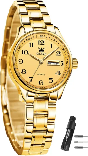 Date and Day,Ladies Watches with Silver Gold Stainless Steel,Elegent Female anatomy for Small Wrist Watch(White/Black/Blue/Gold Face) OLEVS Women Watches 