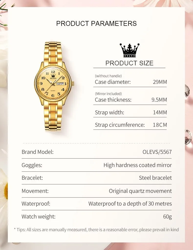 Date and Day,Ladies Watches with Silver Gold Stainless Steel,Elegent Female anatomy for Small Wrist Watch(White/Black/Blue/Gold Face) OLEVS Women Watches 