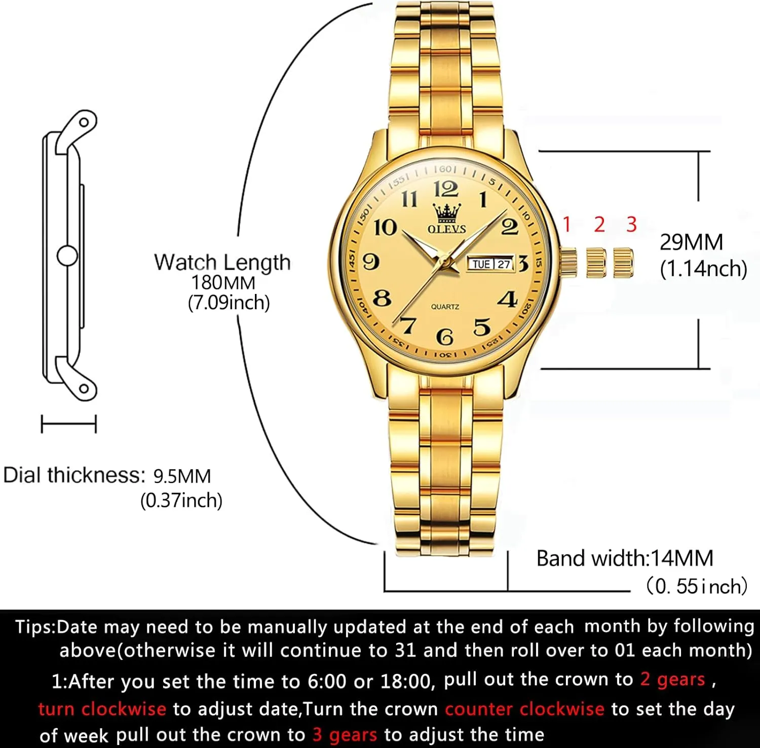 Date and Day,Ladies Watches with Silver Gold Stainless Steel,Elegent Female anatomy for Small Wrist Watch(White/Black/Blue/Gold Face) OLEVS Women Watches 