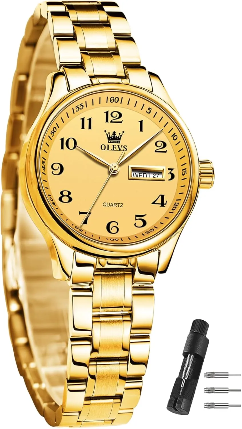 Date and Day,Ladies Watches with Silver Gold Stainless Steel,Elegent Female anatomy for Small Wrist Watch(White/Black/Blue/Gold Face) OLEVS Women Watches 
