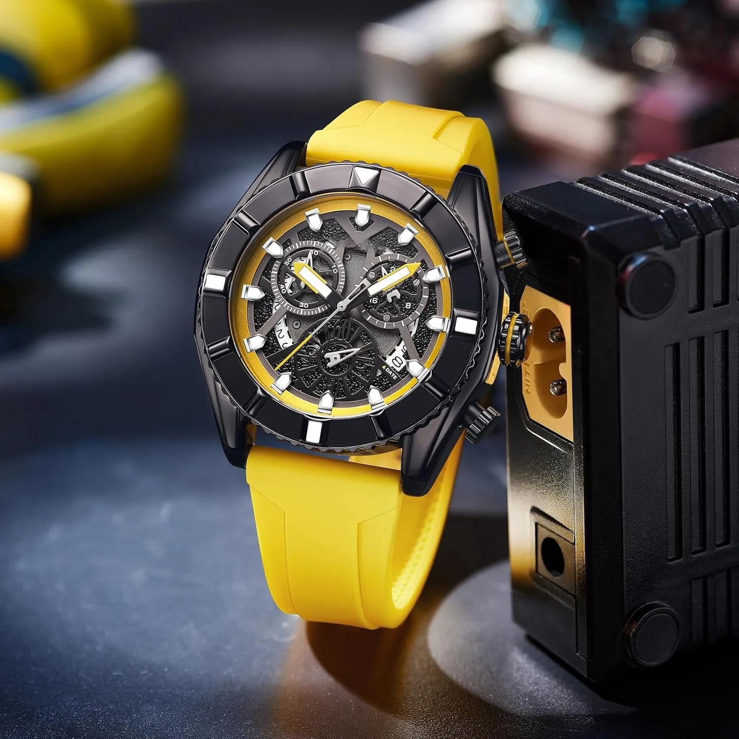 Date Calendar Silicon Strap findtime Yellow Watch for Men, Reloj Para Hombre Racer Sport Designer interfere widespread Analog Chronograph Quartz Business Stylish Watches Luminous 