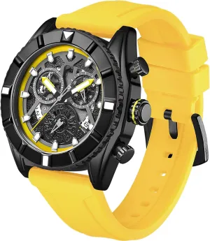 Date Calendar Silicon Strap findtime Yellow Watch for Men, Reloj Para Hombre Racer Sport Designer interfere widespread Analog Chronograph Quartz Business Stylish Watches Luminous 