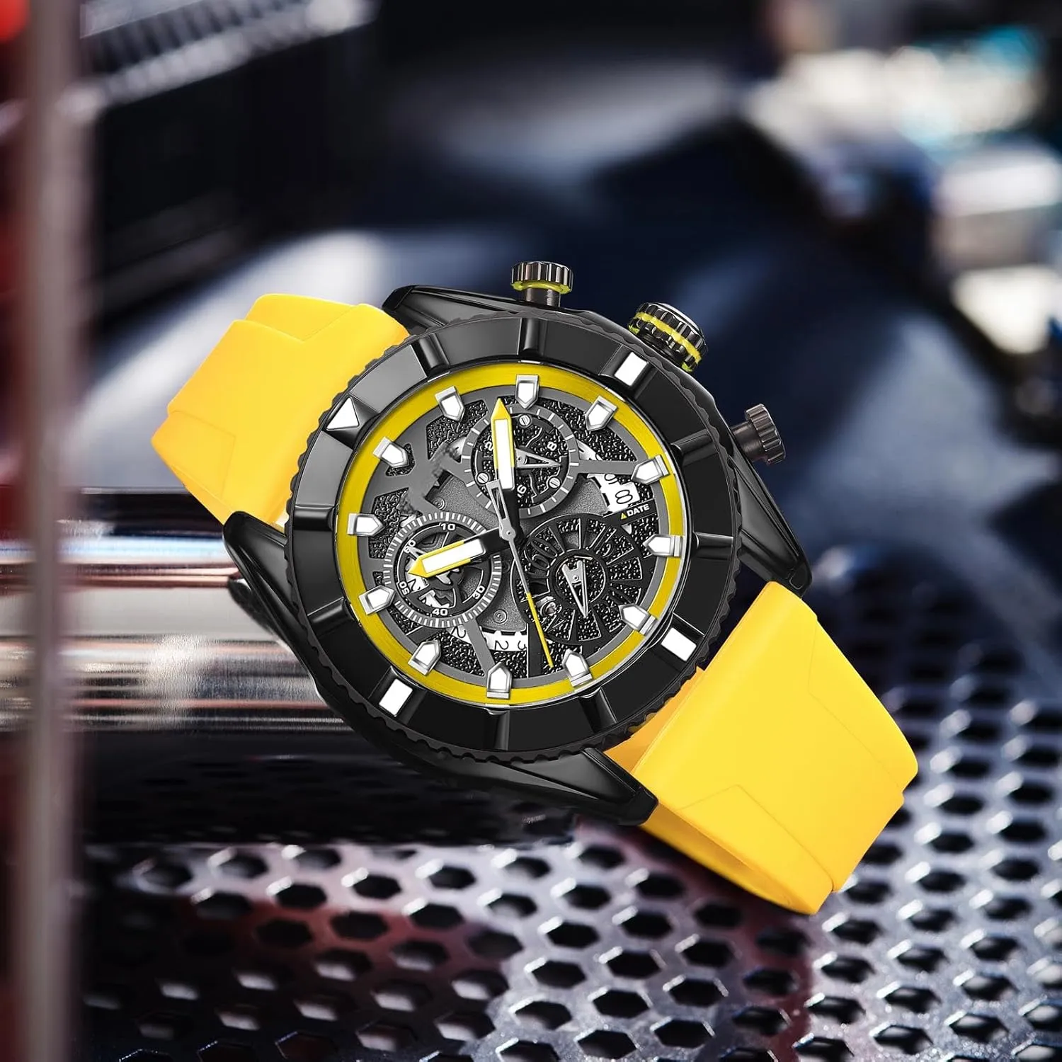Date Calendar Silicon Strap findtime Yellow Watch for Men, Reloj Para Hombre Racer Sport Designer interfere widespread Analog Chronograph Quartz Business Stylish Watches Luminous 