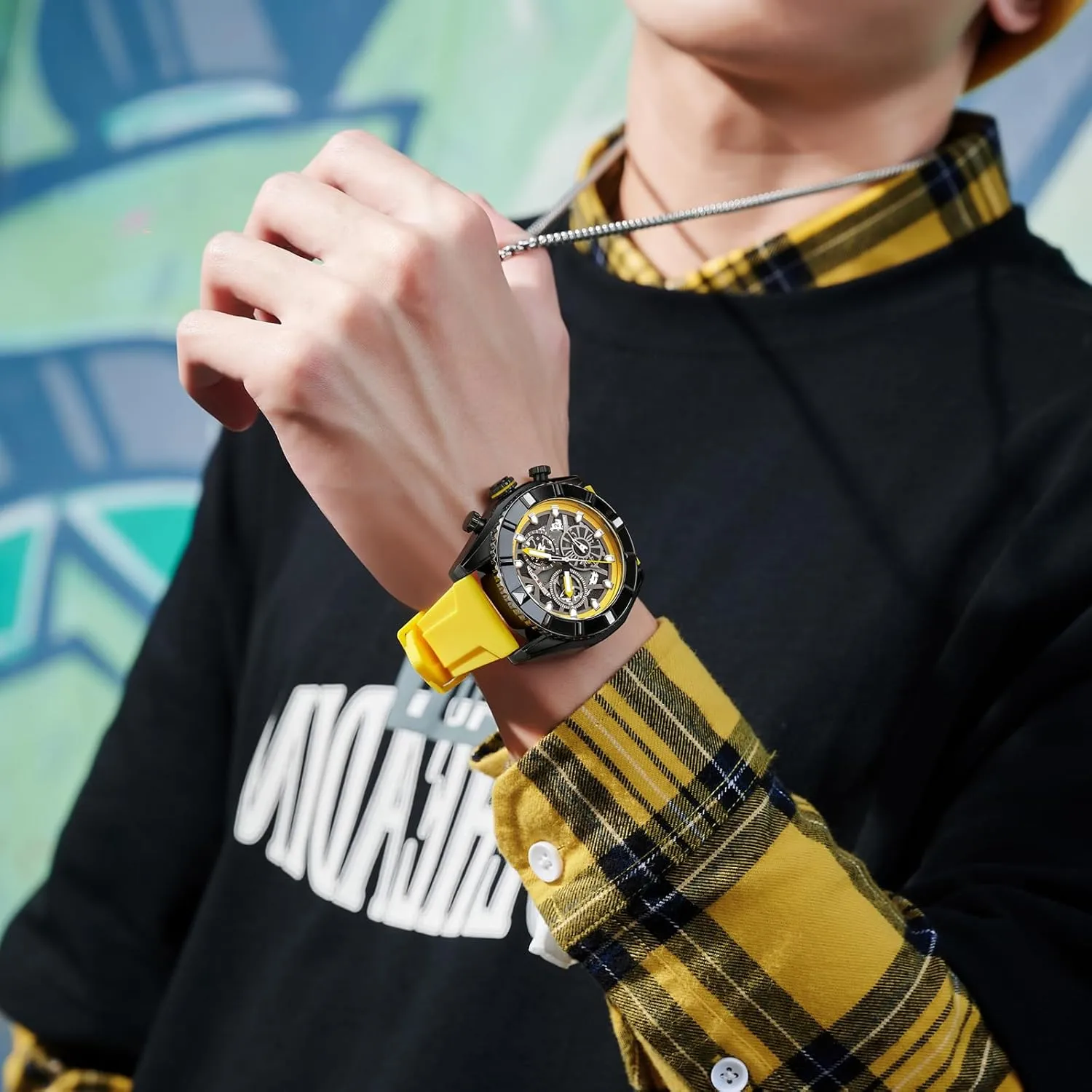 Date Calendar Silicon Strap findtime Yellow Watch for Men, Reloj Para Hombre Racer Sport Designer interfere widespread Analog Chronograph Quartz Business Stylish Watches Luminous 