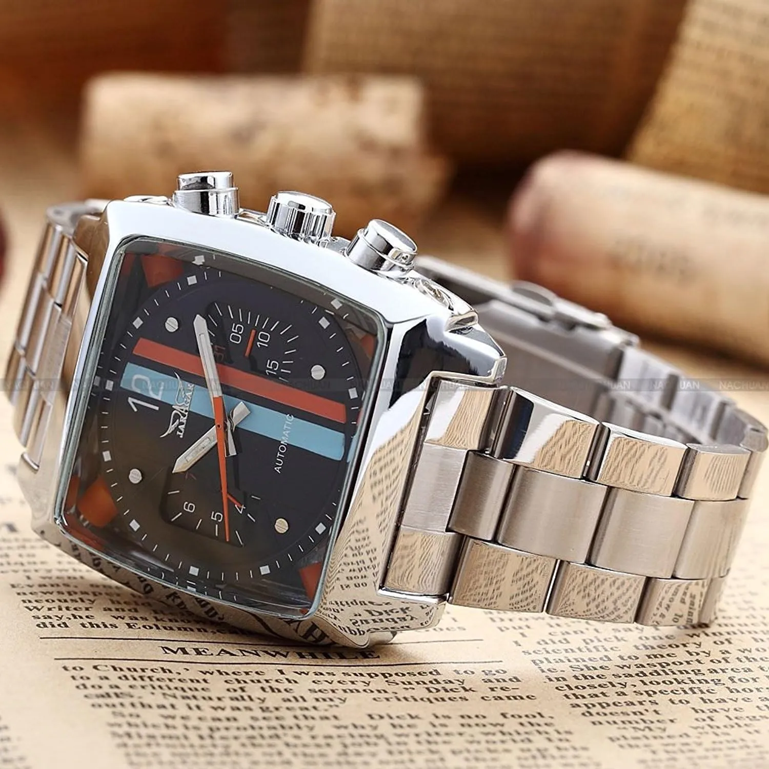 Date incorporate consortium hydrological Silver Stainless Steel Wrist Watch Gosasa Mens Sports Automatic Mechanical Analog Oblong Watch 