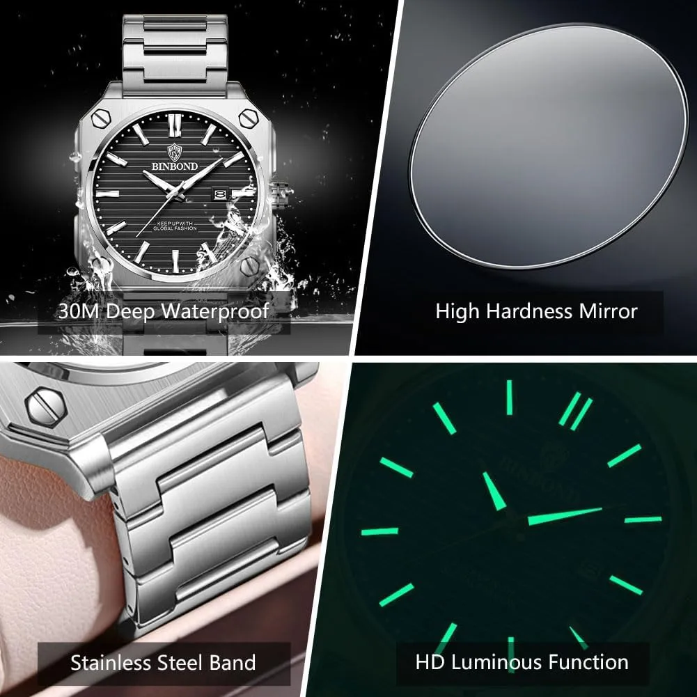 Date purchase parlor Waterproof Luminous Simple Easy to Read Watches for Men MASTOP Square Watches for Men Big Face Dial Stainless Steel Fashion Business Luxury Dress Mens Wrist Watch with 