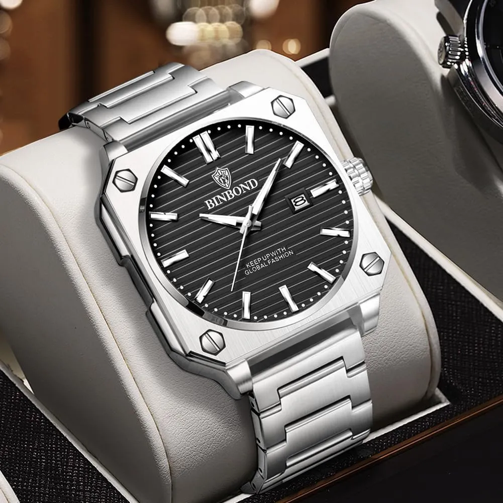 Date purchase parlor Waterproof Luminous Simple Easy to Read Watches for Men MASTOP Square Watches for Men Big Face Dial Stainless Steel Fashion Business Luxury Dress Mens Wrist Watch with 
