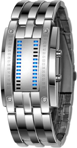 Date Wrist Watches (Silver) PASOY Binary Blue LED Digital working numeral Watch Mens Classic Creative Fashion Square Silver Plated Women 