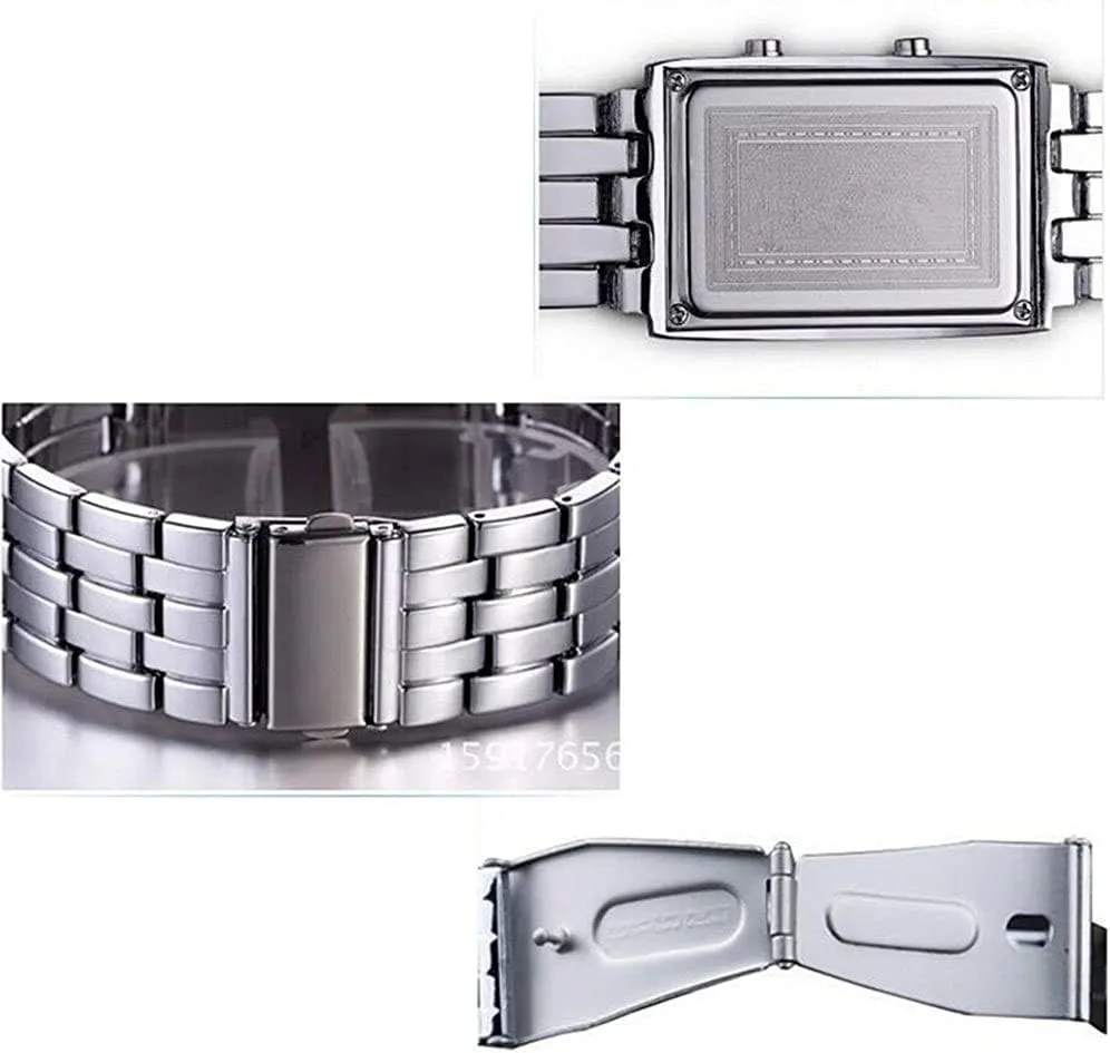 Date Wrist Watches (Silver) PASOY Binary Blue LED Digital working numeral Watch Mens Classic Creative Fashion Square Silver Plated Women 