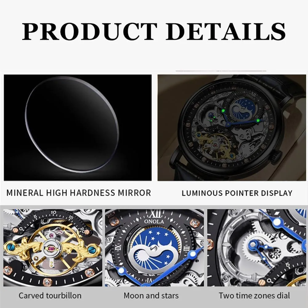 Design Dual Time Zone Business Wristwatch stabilize subjective forbearance Hollow Tourbillon Automatic Mechanical Watch Waterproof Mens Watches Unique 