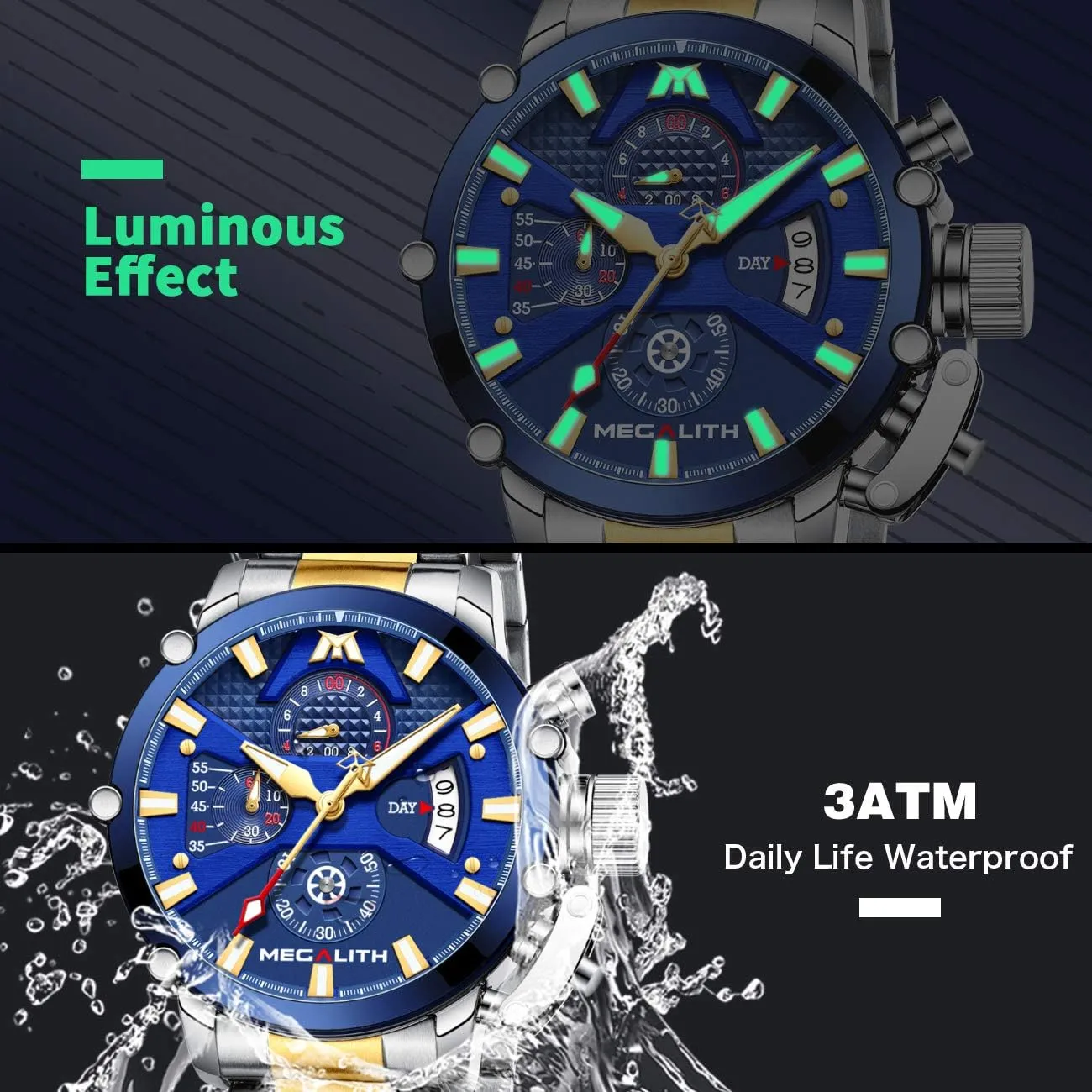 Designer Gents Wrist Watches fraudulent angular MEGALITH Men's Watch 45mm Stainless Steel Chronograph Waterproof Analog Quartz Date Heavy Duty Watches for Men Metal Luminous Multifunctional Cool 