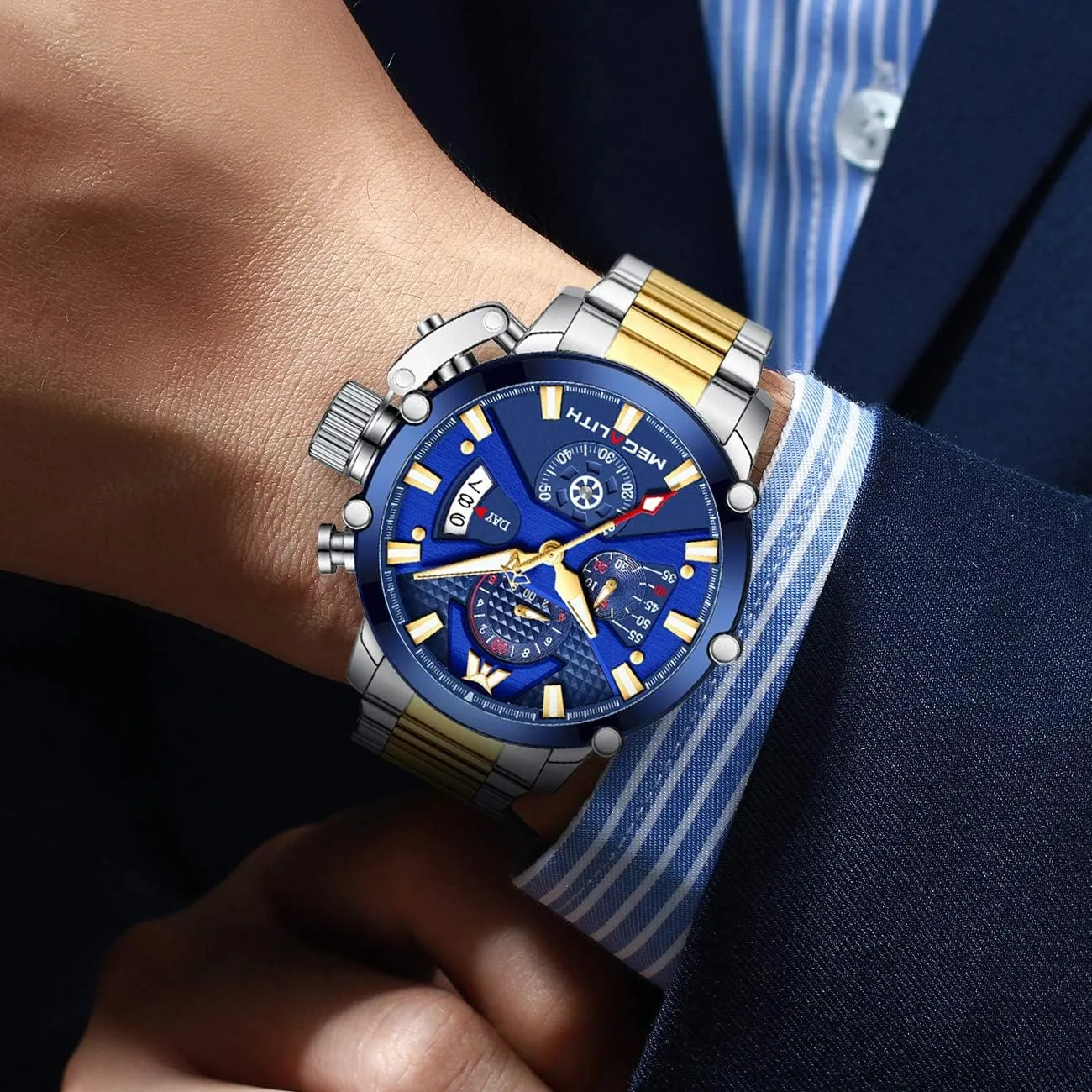 Designer Gents Wrist Watches fraudulent angular MEGALITH Men's Watch 45mm Stainless Steel Chronograph Waterproof Analog Quartz Date Heavy Duty Watches for Men Metal Luminous Multifunctional Cool 