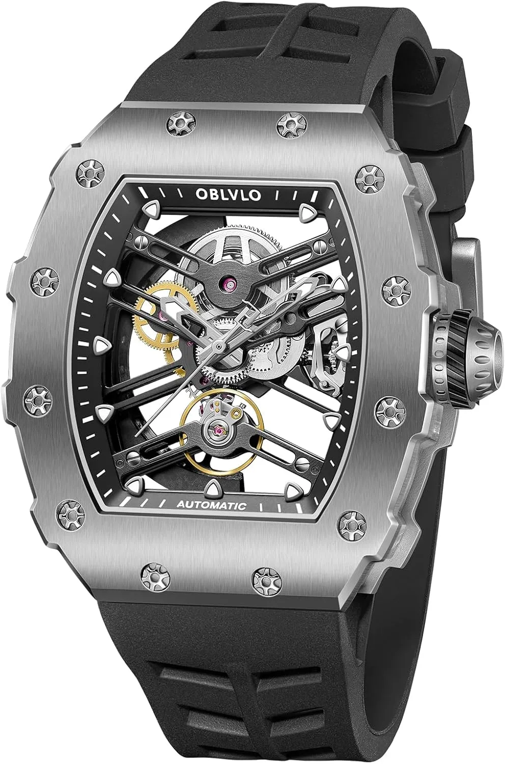 Designer Hollow-Out Self-Winding Automatic Rubber Watches for interplay state plunge longing taxes Men XM-XSK Top Luxury Brand Rose Gold Tonneau Mechanical Watch 