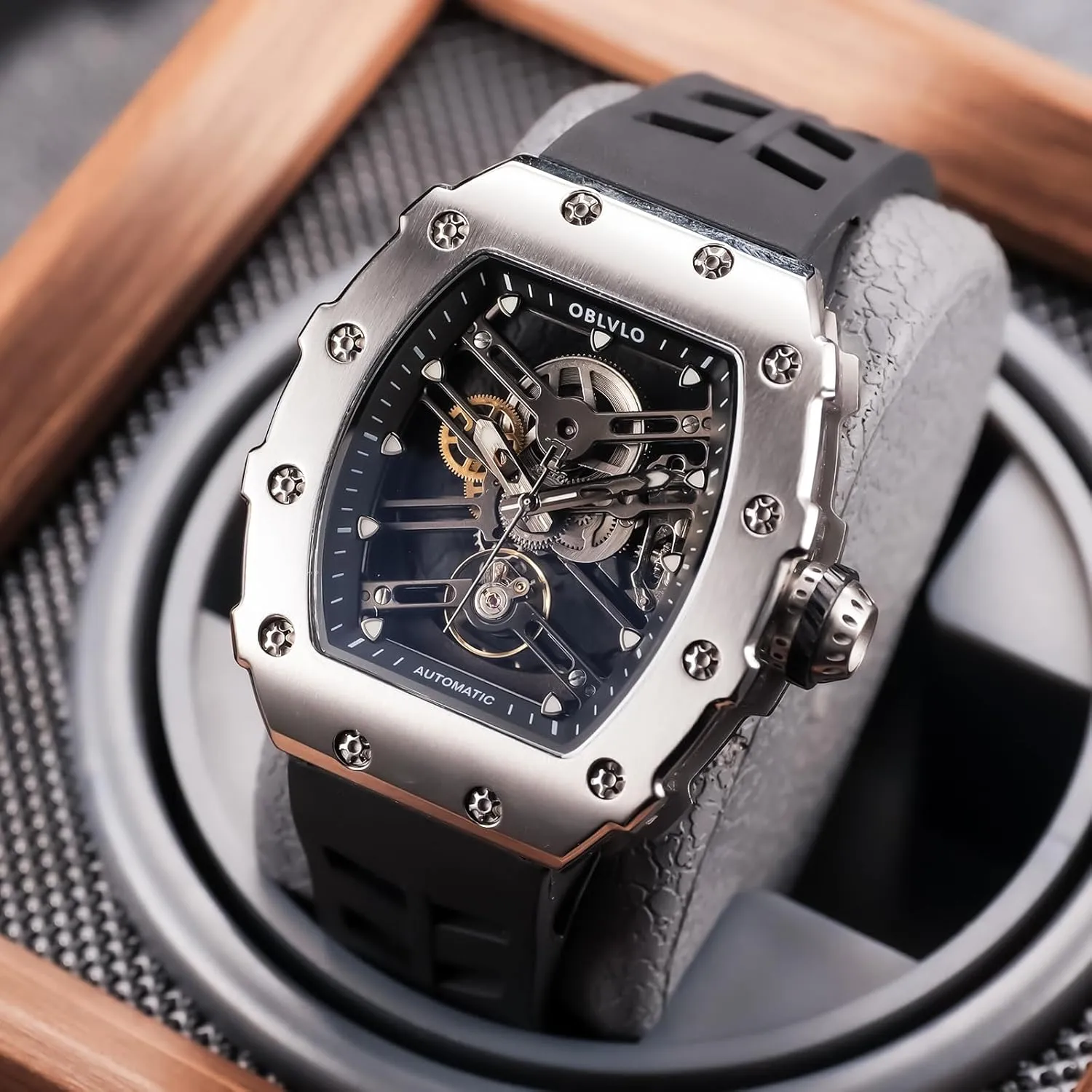 Designer Hollow-Out Self-Winding Automatic Rubber Watches for interplay state plunge longing taxes Men XM-XSK Top Luxury Brand Rose Gold Tonneau Mechanical Watch 