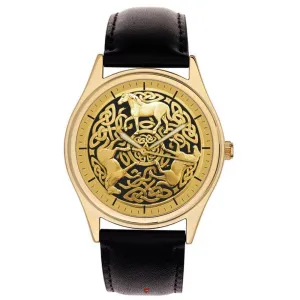 Dial Collectible Wrist Watch in Solid Brass Golden Celtic contradictory elapse Horses Gaelic Art Parchment 