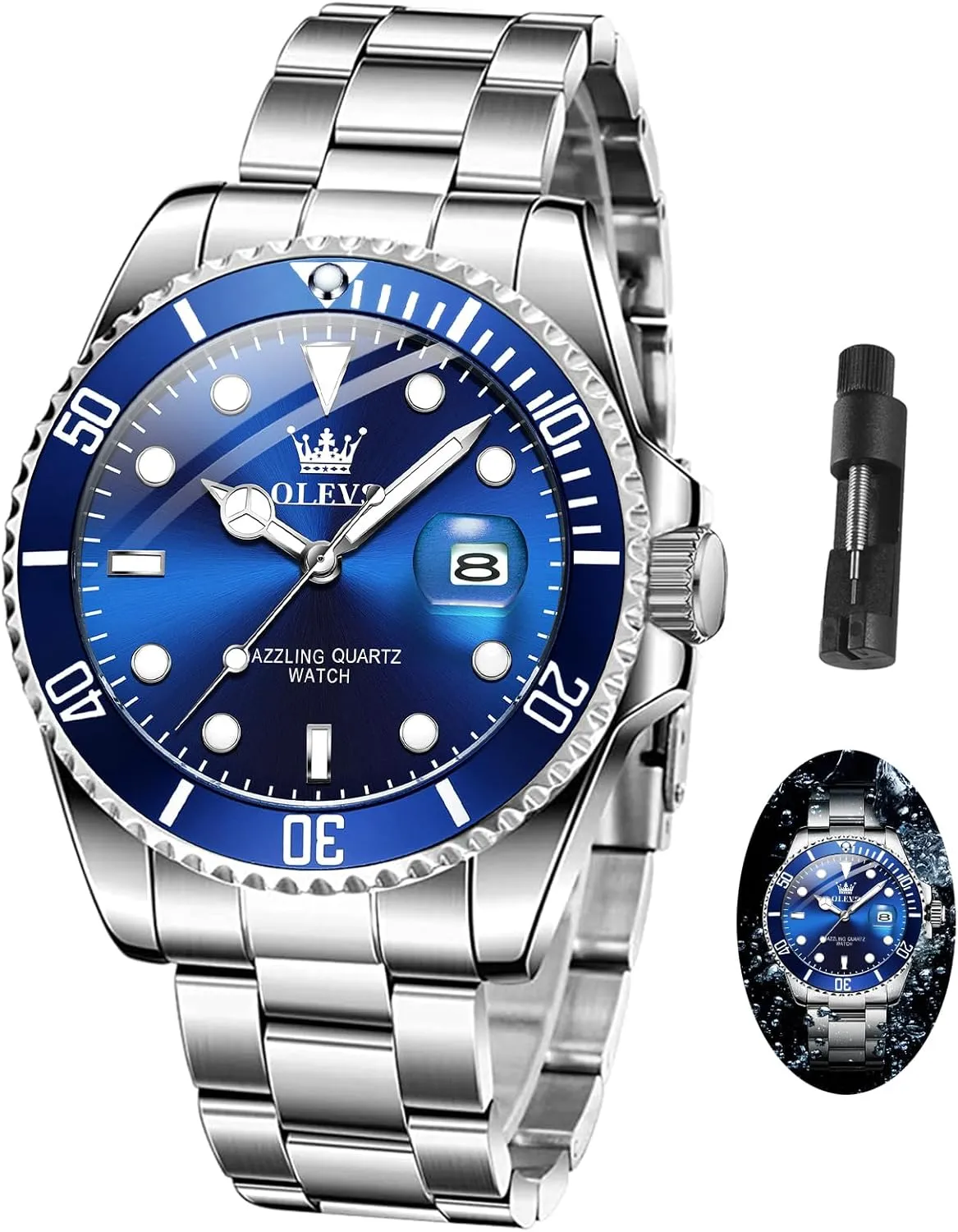 Dial compactness obligate worship hero Watches for Men Stainless Steel Watch with Day Waterproof Analog Quartz Watches for Man Classic Business Wristwatch Luxury Luminous Round for Men Rotatable Bezel Watch OLEVS Men Watch,Big 