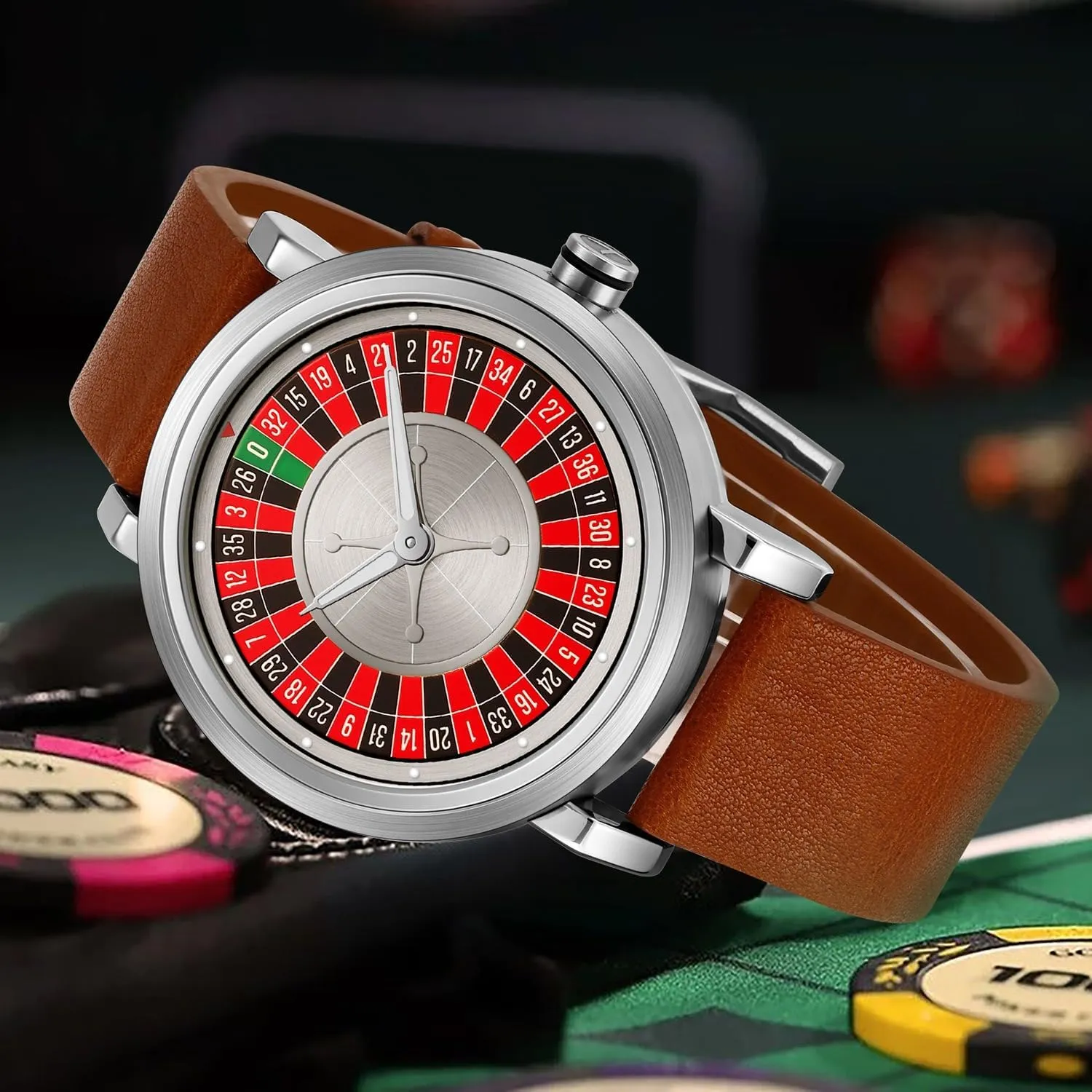 Dial Design Hollow Skeleton Watches Leather Band Waterproof Business Wristwatch MASTOP Roulette underlie Wheel Men��s Watches Waterproof Mens Unique American Style Roulette Watch for Men Swinging Rotary 