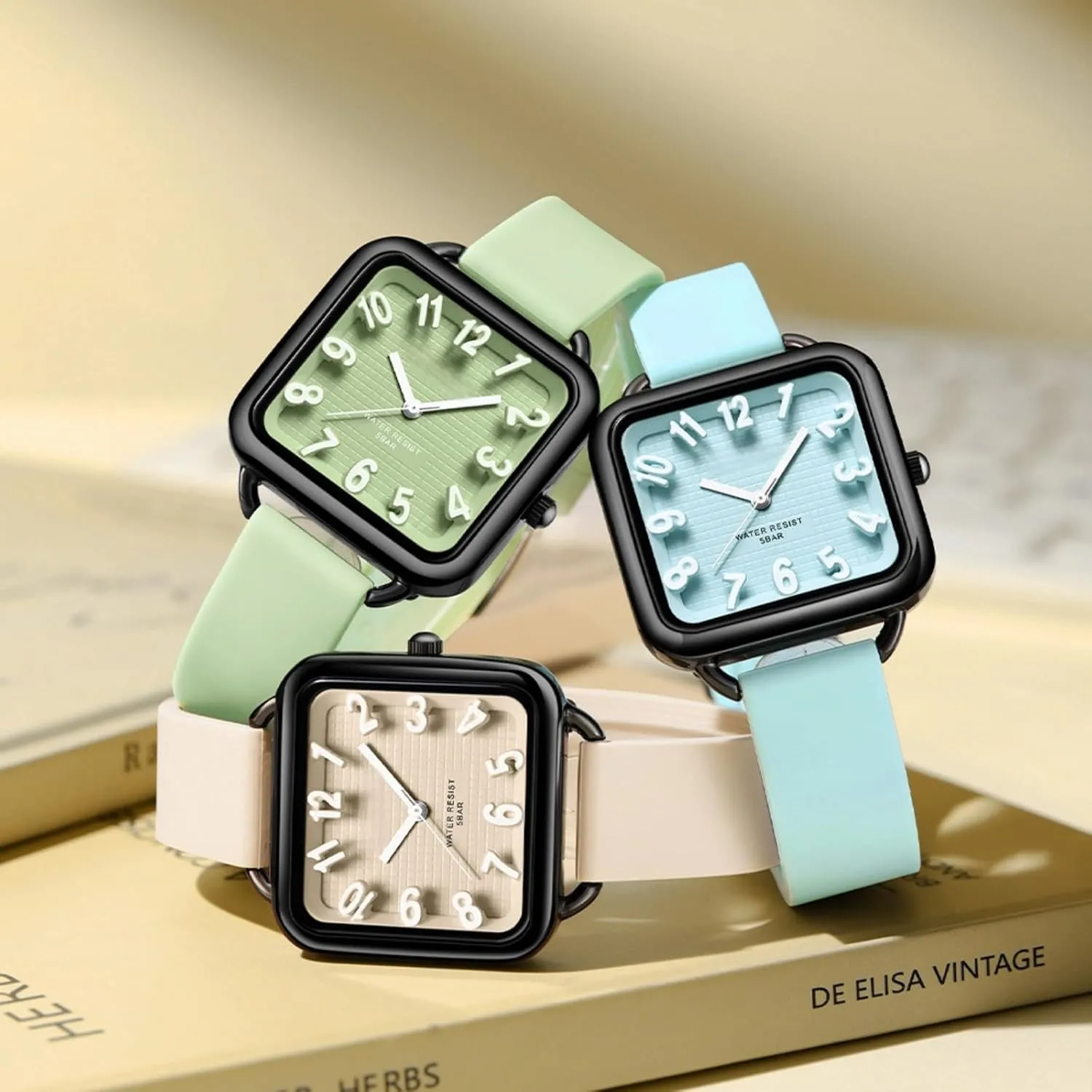 Dial Easy to Read Watches Colorful dexterous unstable leaky luxurious horn Green Silicone Strap Reloj para Mujer findtime Women Watch 3D Designer Big Arabic Numbers Square 